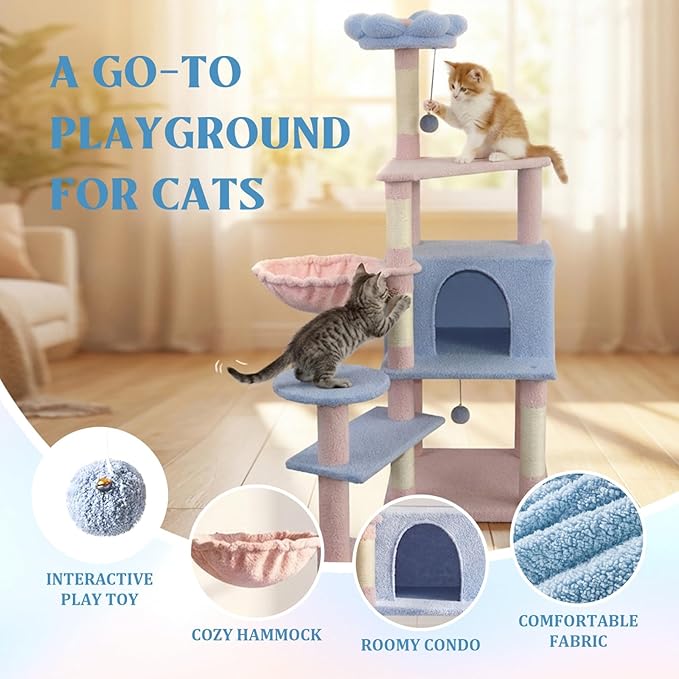 Flower cat Tree with Large condo Removable Flower Cushion and Hammock Blue