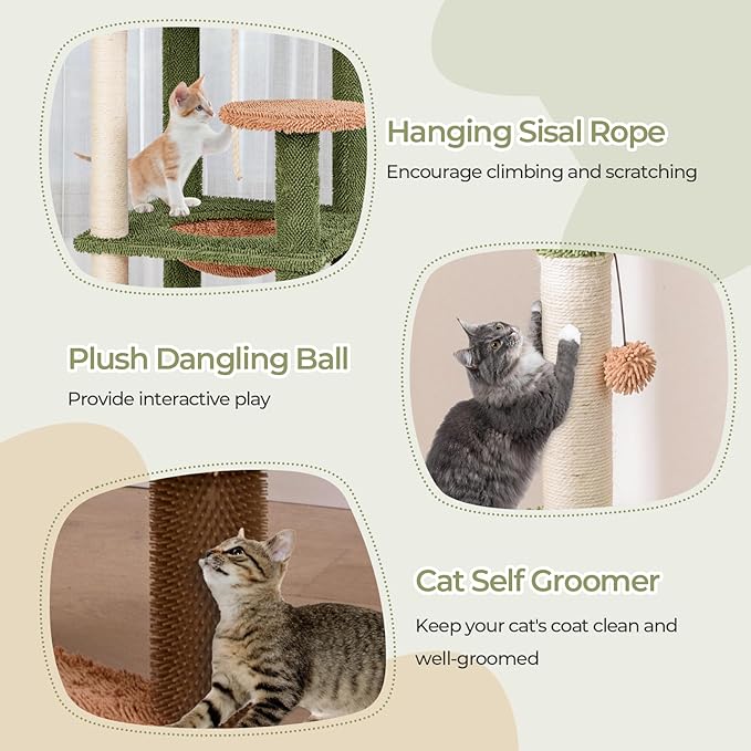 Tangkula Plant Cat Tree, 60 Inch Green Aesthetic Cat Tower with Sisal Scratching Posts, Artificial Leaves, Perch, Hammock, Self Groomer, Rope, Pompom Ball, Cute Cat Tree Tower for Indoor Cats