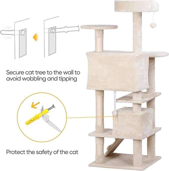LEMY 54 Inch Cat Tree,Multi-Level Cat Tower Condo for Indoor Kittens,Beige Cat House with Sisal-Covered Scratching Post for Cats to Play and Sleep