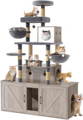 HavenlyYouth Cat Tree with 2 Litter Box Enclosures, All-in-One Cat Tower, Cat Condo with Sisal Scratching Posts, Hammocks, Detachable Plush Ball, Wooden Cat Furniture with Large Platforms, Grey
