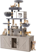 HavenlyYouth Cat Tree with 2 Litter Box Enclosures, All-in-One Cat Tower, Cat Condo with Sisal Scratching Posts, Hammocks, Detachable Plush Ball, Wooden Cat Furniture with Large Platforms, Grey