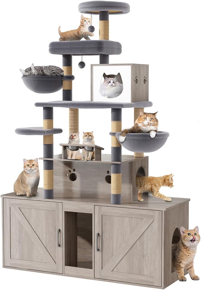 HavenlyYouth Cat Tree with 2 Litter Box Enclosures, All-in-One Cat Tower, Cat Condo with Sisal Scratching Posts, Hammocks, Detachable Plush Ball, Wooden Cat Furniture with Large Platforms, Grey