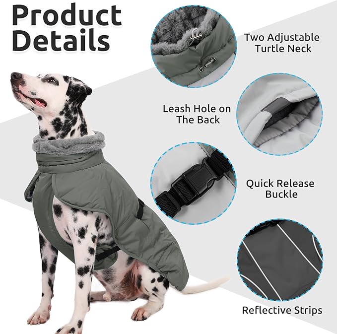 Queenmore Dog Cold Weather Coats, Fleece Collar Pet Apparel for Cold Weather, Dog Snowsuit, Cozy Winter Dogs Jackets Winter with Quick Release, Grey, XXL