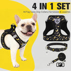 EXPAWLORER Small Dog Harness and Leash Set - Cute Puppy Harness Leash Dog Collar with AirTag Holder Silicone Case, Soft Padded Step in Pet Vest Reflective for Outdoor Walking, Star-Moon S