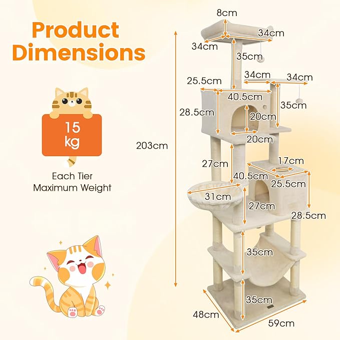 PETSITE 80-inch Tall Modern Cat Tree, Multi-Level Cat Tower with 2 Comfy Condos, Sisal Scratching Posts, Side Basket, Snug Hammock, and Dangling Balls, Ideal for Indoor Cats and Kittens (Beige)