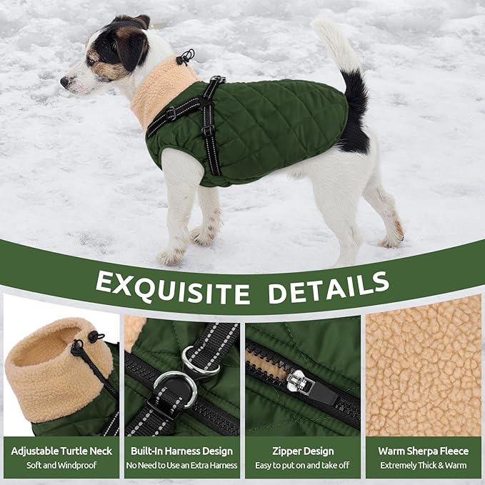 Queenmore Dog Coat, Dog Coats for Small Dogs, Doggy Winter Jacket with Zipper On Back, Waterproof Pet Jacket with Harness Built in, Pet Puffer Coat for Bichon, Schnauzer, Yorkie, ArmyGreen S