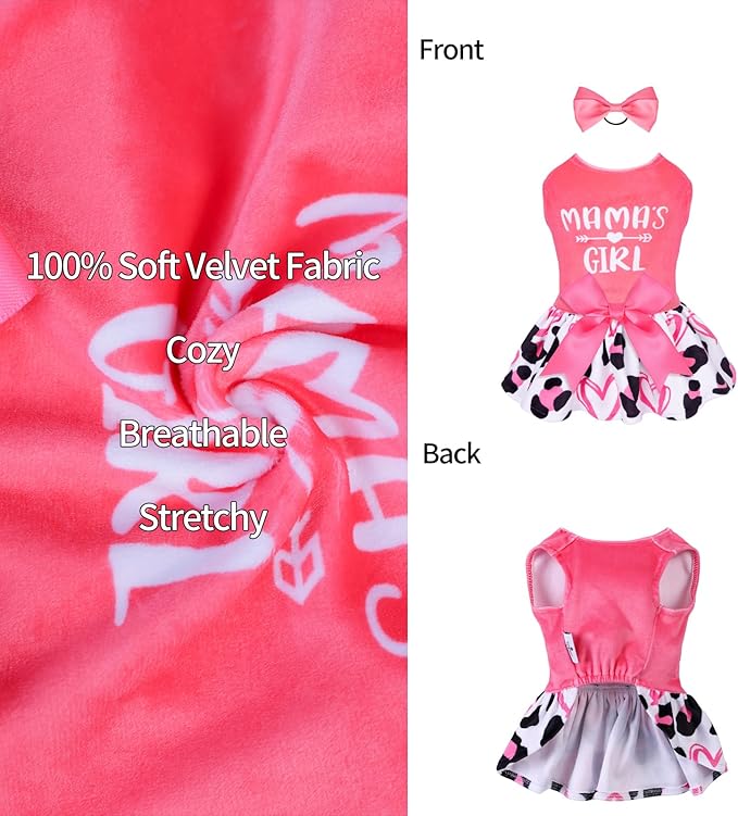 CuteBone Dog Dresses Velvet Mama's Girl Small Dogs Clothes Onesie Pet Apparel Girl Puppy Skirt with Bow Hair Rope CVA40XXS-D