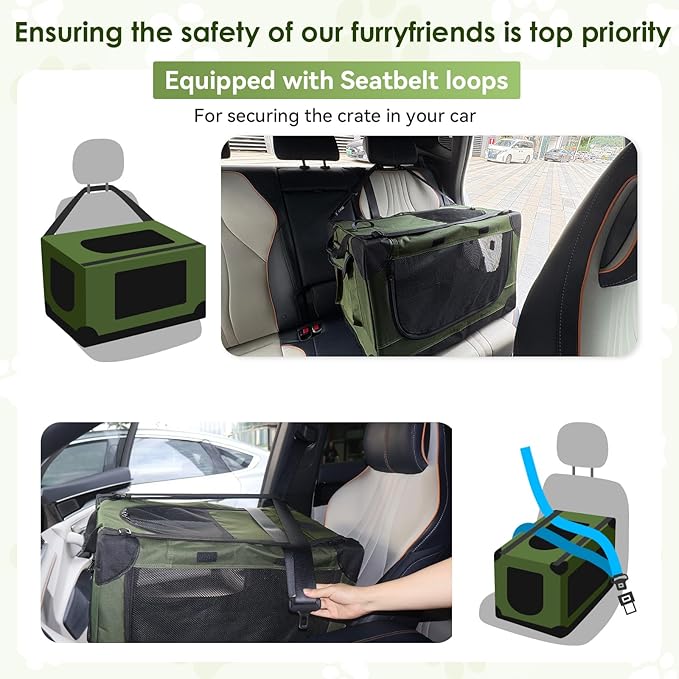Soft Small Dog Crate - 24 inch Portable Travel Puppy Crate for Small Pets or 2 Cats, Collapsible Pet Carrier with 4 Mesh Doors, Car Kennel for Dogs with Handle for Indoor and Outdoor, Green