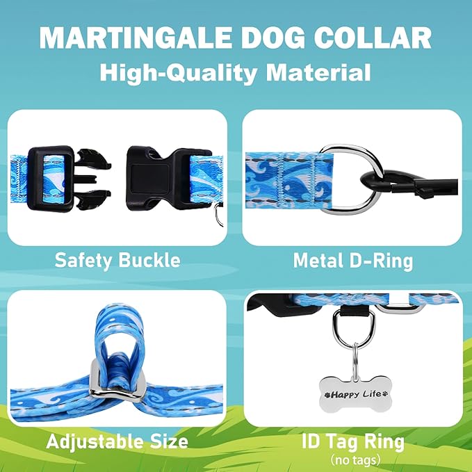 Reflective Martingale Collar with Quick Release Buckle Anti Pulling Boy Male Adjustable Dog Collars (Blue Waves, XSmall)
