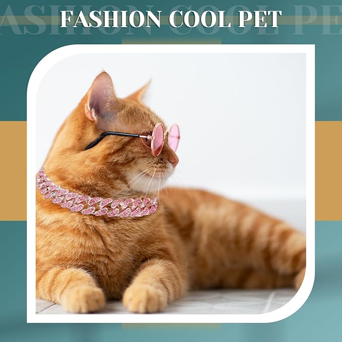 Xuniea 2 Pieces Cat Dog Chain Collar and Sunglasses Set Rhinestone Necklace with Secure Buckle Round Glasses for Doll Cat Dog Pet Accessories(12 Inch,Rose Gold, Pink)