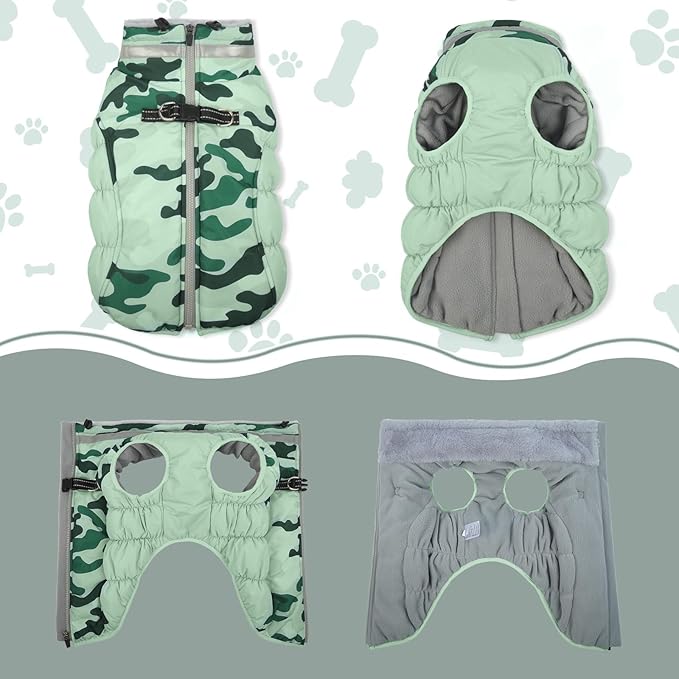 Lelepet Warm Dog Winter Coat Dog Coats for Large Dogs Waterproof Dogs Jacket with Harness Built in Reflective Cold Weather Coats Zip-Up Winter Fleece Vest Snowsuit Boston Terrier Mint Green Camo L