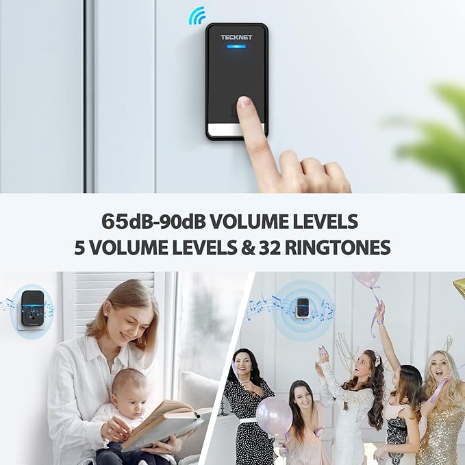 TECKNET Wireless Doorbell, Plug-through Door Bell, IP66 Waterproof Doorbells, 1300ft Cordless Rang Door Bell Ringer Wireless, 60 Ringtones & 5 Level Volume, 0-110 dB Doorbell Chime for Home/Classroom