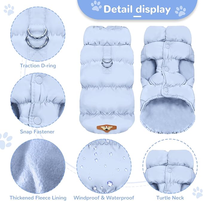 Winter Warm Dog Jacket for Small Medium Dogs Cats Cold Weather Coats with Harness Paded Dogs Fleece Vest Waterproof Windproof Dog Snow Jacket Pet Puppy Clothes (Light Blue,M)