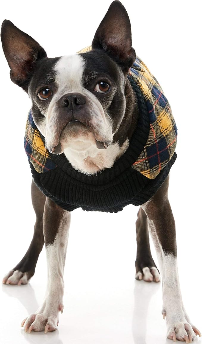 Gooby Fashion Vest Check Dog Jacket - Yellow Check, Large - Warm Zip Up Bomber Vest Dual D Ring Leash - Winter Water Resistant Sweater - Clothes for Small or Medium Dogs