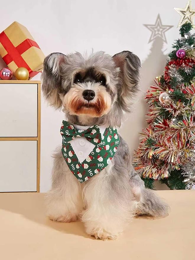 Adjustable Green Santa Christmas Dog Tuxedo Bandana with Bow Tie - Holiday Pet Outfit Costume for Dogs XS to XL