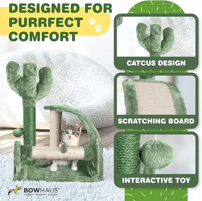 Cactus Cat Tree, Cactus Cat Tower with Thickened Base, Green Cat Tower for Indoor Small Cats, Cute Cactus cat Tree Tower w/Scratching Post and Interactive Toy, 20-Inch