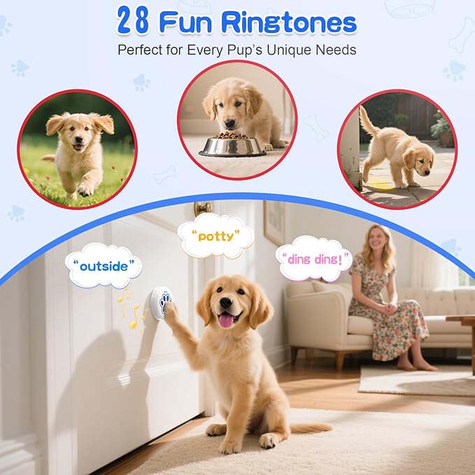 ChunHee Dog Training Bells for Door - Dog Door Bell for with 36 Custom Sounds | Dog Bell for Door Potty Training | Chew-Proof & Adjustable Volume (0-115dB) | Teach Puppies to Signal to Go Outside