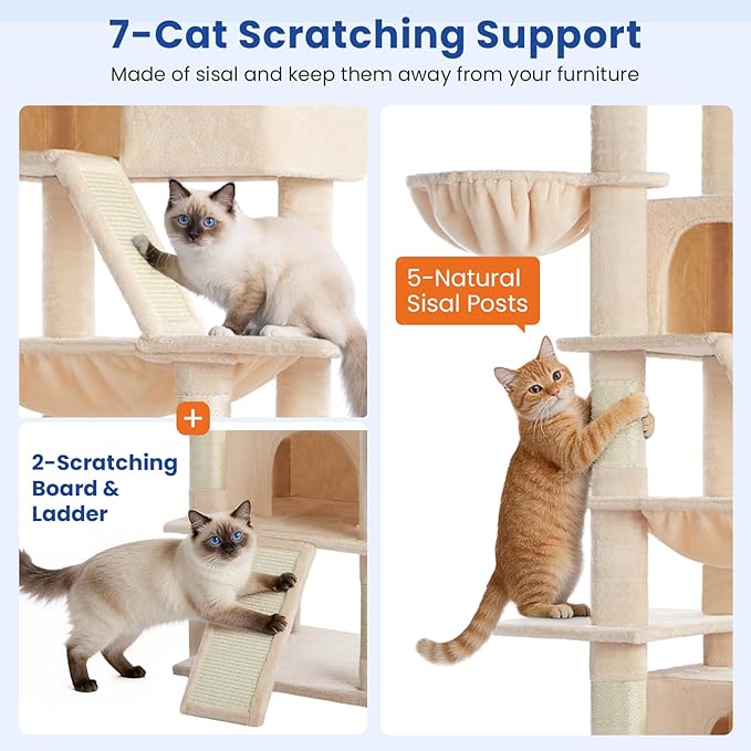 Cat Tree 82 in Multi-Level Cat Tower for Indoor Cats, Heavy Duty Large Cat Tree with Sisal Scratching Posts, Hammock, 2 Perches, 2 Condos, 2 Hanging Baskets, Beige