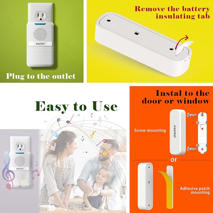 Door Chime,Wireless 600Ft Range 5 Adjustable Volume 1 Magnetic Door Open Contact Sensor with 62 Chimes Mute Mode Door Bell Plugin Receiver for Home/Office/Store White (1 Receiver + 1 Sensor)