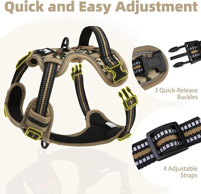 PUPTECK No Pull Tactical Dog Harness for Large, Adjustable Reflective Dog Harness with Handle Easy Control, Comfortable Soft Padded Pet Vest Harness for Extra Large Dogs, Camouflage XL