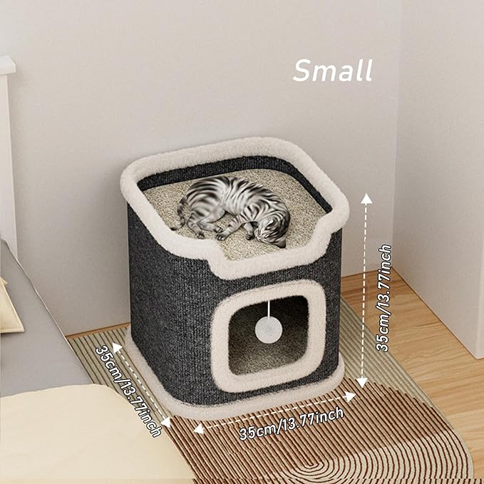 Cat Villa Cat House,Cat House Soft and Durable Multi-Level Cat Villa Cozy Sisal Cat Tower with Scratching Post,Warm Condo Nest for Sleep,Rest Play Ideal for All Seasons (Gray, Small)