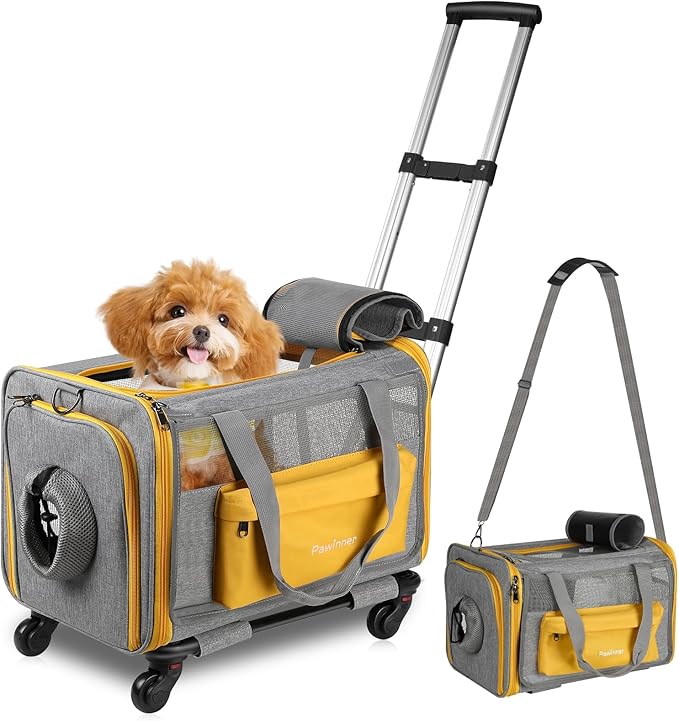 Pawinner Pet Carrier with Wheels, 17.7" x 13" x 13" Airline Approved Cat Carrier for Pets up to 20lbs, Newly Designed Rolling Travel Bag with Telescopic Handle, for Small Dogs and All-Breed Cats