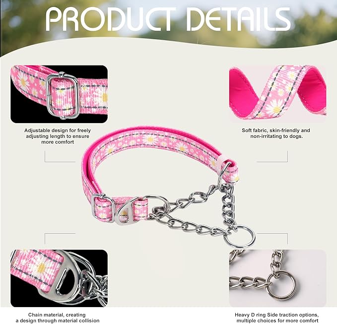 Martingale Dog Collar Pink Daisy No-Slip Dog Collar Adjustable Comfortable Choke Chain Collars for Training & Walks（Pink Daisy XXL