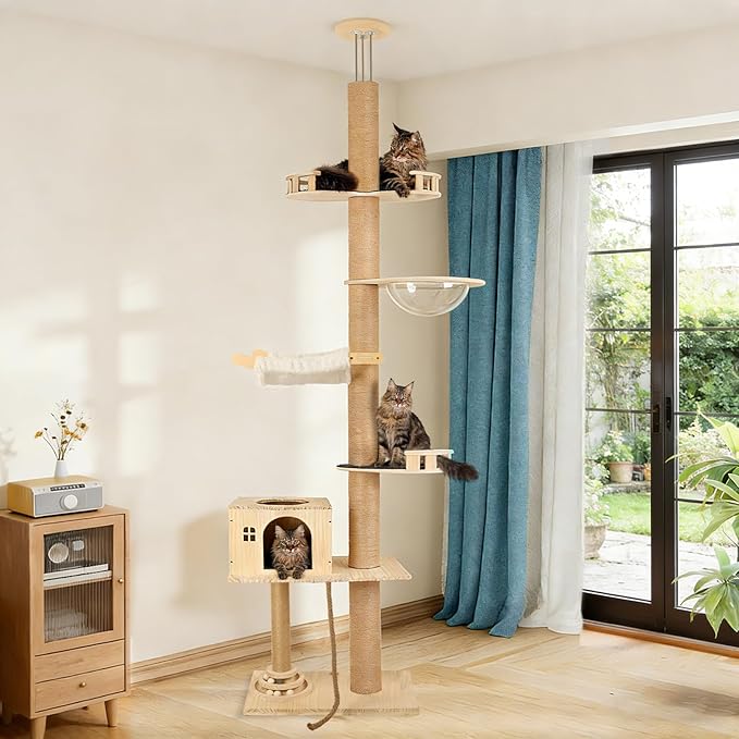 Cypherx Floor to Ceiling Cat Tree, 6 Tier Tall Cat Tower Adjustable Height (81-109 in), Modern Cat Tree Tower for Indoor Cats with Scratching Post, ransparent Capsule and Cozy Hammock, Wood