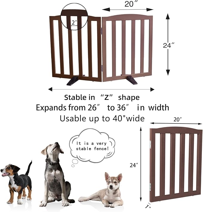 Freestanding Dog Gate Indoor,Doggie Gate Foldable Pet Gates for Doorways,Stairs or Hallways, Wooden Brown Pet Gate for the House, Pet Fence with Support Feet Included,24 "Height-2 Panels