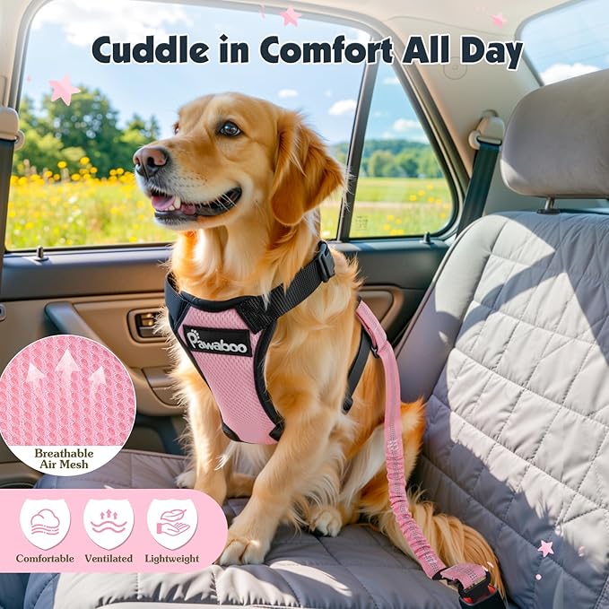 Pawaboo Dog Seat Belt Harness for Car, Dog Car Harness Seatbelt with Double Clips, Adjustable Breathable Pet Vest & Dogs Safety Tether with Elastic Bungee for Small Medium Large Pet, XL, Pink + Black