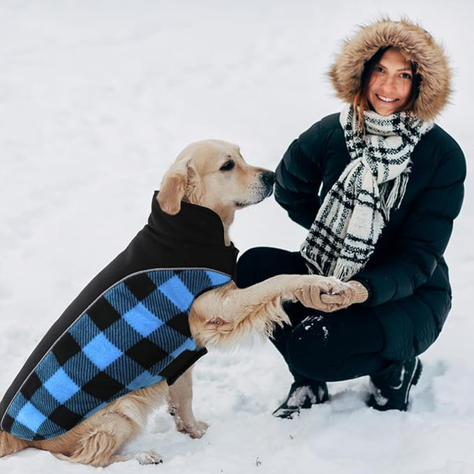 Kuoser Dog Winter Coat, Reversible Waterproof Dog Jacket with Leash Hole, Warm Dogs Fleece Vest Adjustable Doggy Cold Weather Clothes Plaid Christmas Outfit Pet Apparel for Extra Large Dogs, Blue 3XL