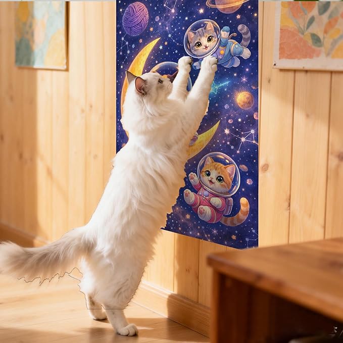 Nuxovilar Cat Scratching Mat 15.3x23.6 Inches Polyester Synthetic Fiber, Astronaut Kittens on Moon Print, wall cat Scratcher, Scratch pad, Home Decor, Kids Room, Play Area (2pcs)