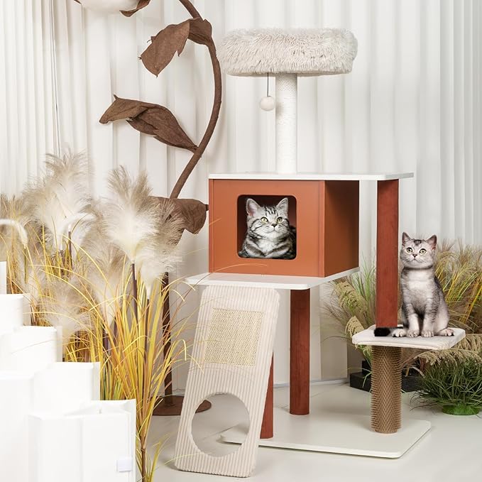Modern Cat Tree for Large Cats - Multi-Level Activity Center with Sisal Scratching Posts, Plush Perch, Enclosed Condo & Hanging Toy, Sturdy Wood Design for Indoor Use (M)