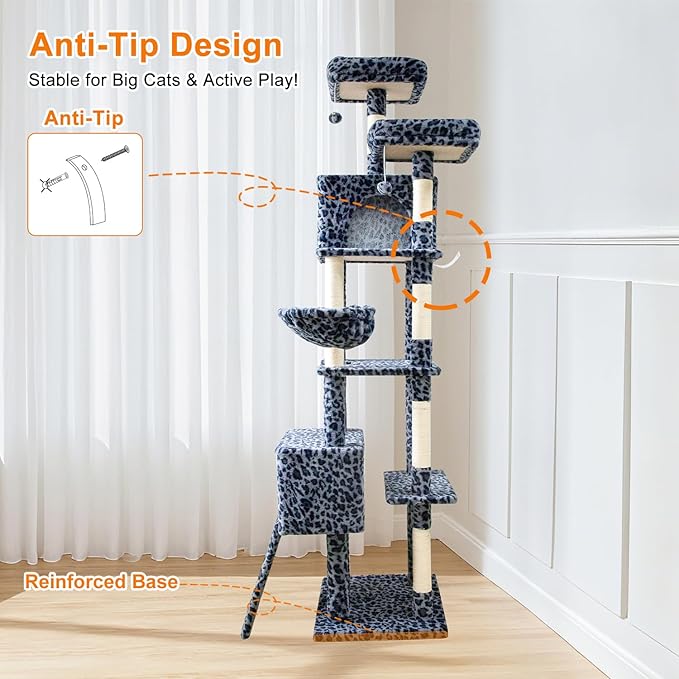 82" Tall Cat Tree,Giant Cat Tree for Indoor Cats Large Adult, Heavy Duty Cat Tree Tower, Extra Large Cat Trees with Scratching Posts, Cat Condos, Hammock,Top Perch,Ramp (Blue Grey)