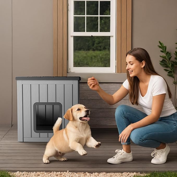 Dog House Small Dog Houses Outdoor with Sloped Roof Waterproof Ventilated Design Easy to Clean Elevated Floor Easy Assembly for Middle Sized Dogs(Grey 24.65"*21.5"*22.21")