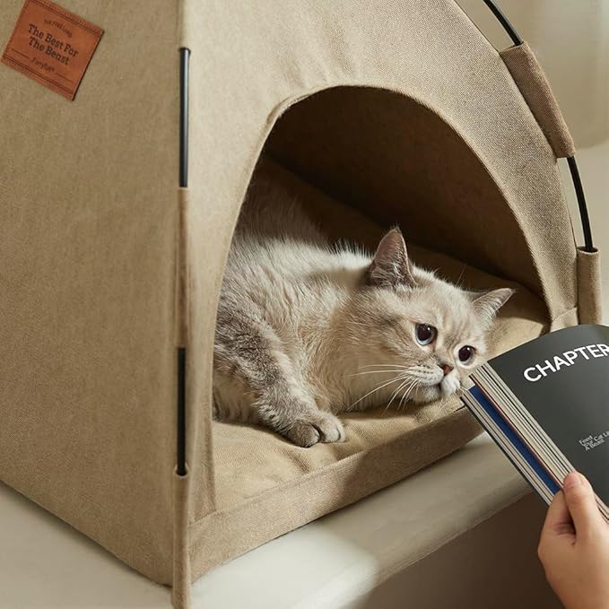FURRYTAIL Cat Bed for Indoor Cats, Cat Houses, pet beds for cat and Small Dogs,Cat Tent, Kitten Bed, Cat Hut, Cat Cave with Removable Washable (Beige)