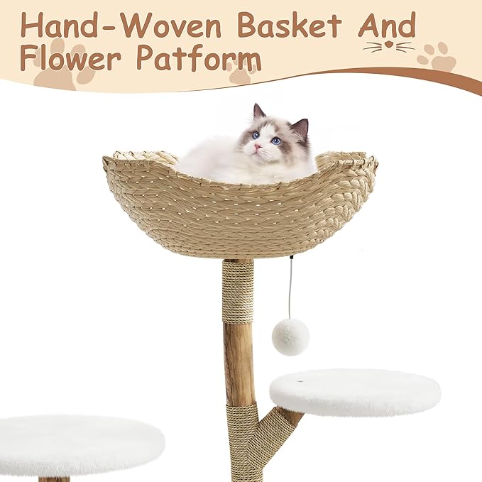 Modern Natural Wood Cat Tree, Stylish Solid Wooden Climbing Tower with Large Rattan Basket, Scratching Posts, Real Branch Design, White Luxury Perch for Rest and Play