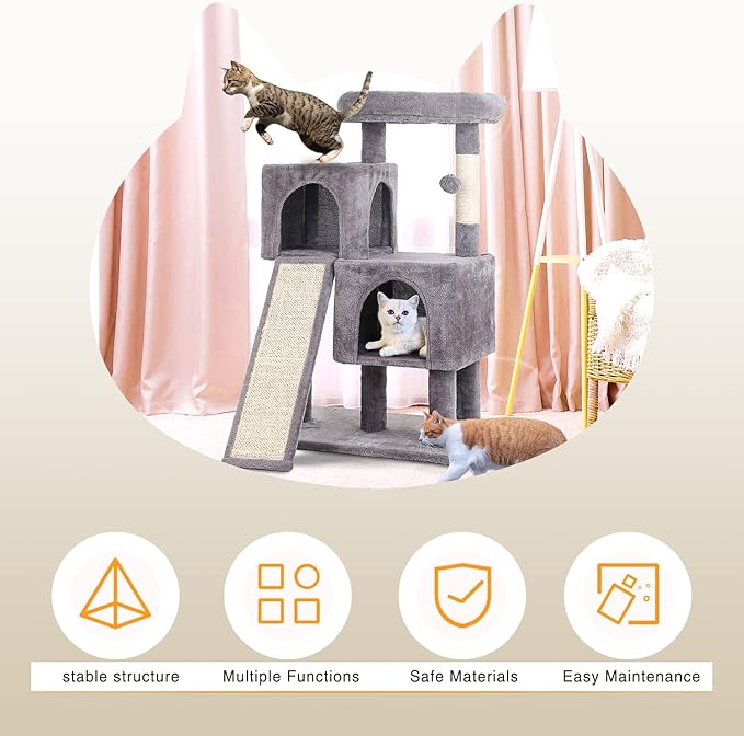 36 inches Cat Tower,Cat Tree for Indoor Cats with Scratching Posts Multi-Level Cat House with Ramp,Double Condos,Spacious Perch,Scratching Sisal Post and Dangling Balls for Kittens,Ashy