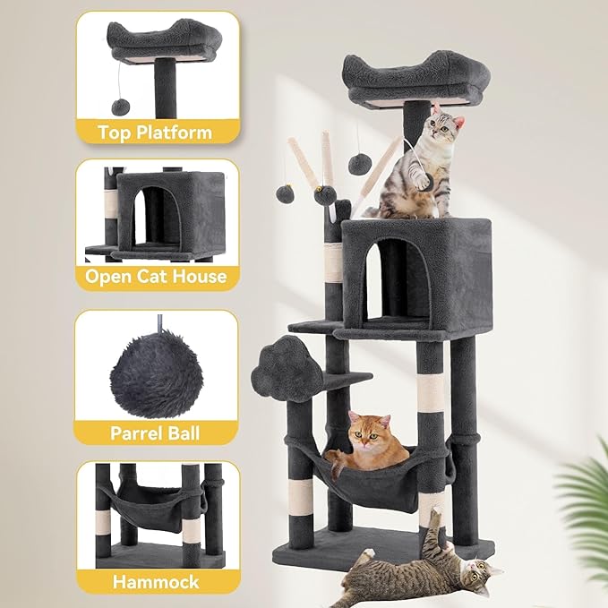 DWVO 44in Cat Tree for Indoor Kittens: Cat Tower Multi-Level with Scratch Posts, Window Padded Plush Perch, Hammock, and Interactive Pompoms Dark Gray