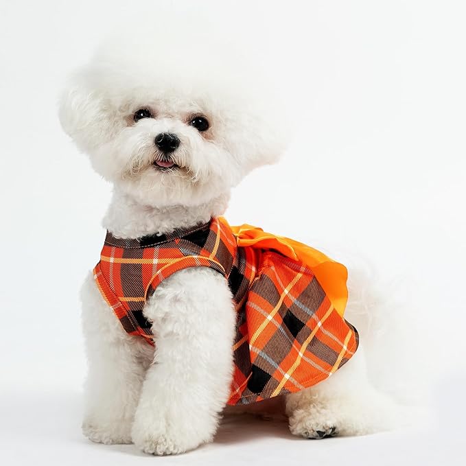 PUPTECK Plaid Fall Dog Dress Pet Apparel for Autumn with Cute Bowtie Puppy Clothes Outfit, Plaid, L