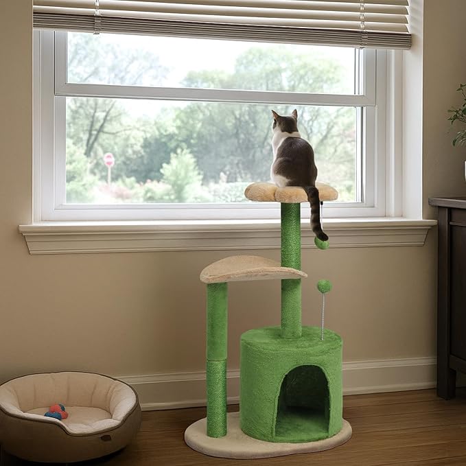 Cat Tree, 33" Multi-Level Cloud Cat Tree Tower with Cozy Padded Bed & Large Condo for All Sized Cats, Featuring Scratching Posts, Viewing Perch & Toys, Stable Small Cat Tower (Lavender)