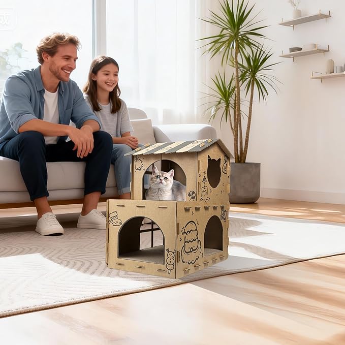 Two-Story‌ Cardboard Cat House with Scratching Pad, Hideout Kitten Bed Scratcher for Indoor Cats, Durable Cat Play House with Multiple Entrances and Windows, Corrugated Cardboard Construction