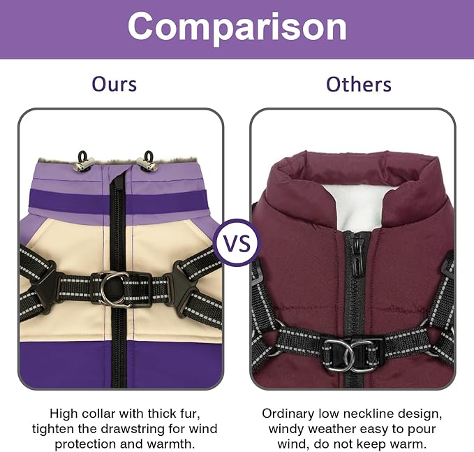 Dog Winter Coat, Waterproof Dog Jacket Warm Dog Coat, Windproof Turtleneck Dog Fleece Vest with Harness Built in, Reflective Dog Snow Jacket Snowsuit for Small Medium Large Dogs, Purple XXL