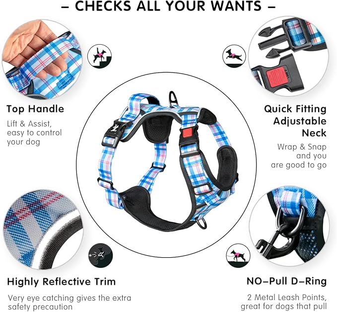 PoyPet No Pull Dog Harness, [Release at Neck] Reflective Adjustable No Choke Pet Vest with Front & Back 2 Leash Attachments (Checkered Blue,S)