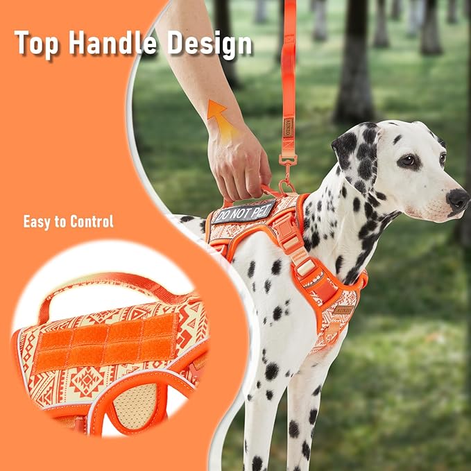 Orange Tactical Dog Harness with Ethnic Pattern for Big Dog, Like English Bulldog Doberman Husky Rottweiler Labrador, Easy to Put on and Take Off, No Pull Easy Walk Escapeproof No Choke, Large