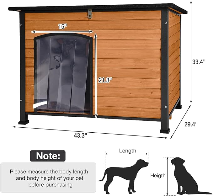 43.3’’ Large Dog House Outdoor Weatherproof Dog Kennel with Upgraded Thickened Metal Frame, Dog Shelter with PVC Curtain, Openable Roof and Removable Floor, Easy to Clean (Brown)
