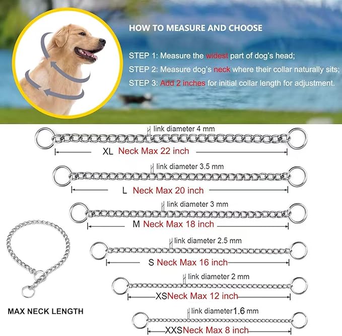 Chain Dog Collar, Limited Slip Chain Training Collar with Metal Safety Control for Small Medium Large Breed Dogs, Silver Size M