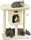 Cat Tree Tower Scratching Post for Indoor Large Cats, Small Cat Tree with Big Perch Bed, 28in Tall Trees House with Condo Cave, Toy Balls, Modern Climbing Furniture Platform for Kitten (Beige)