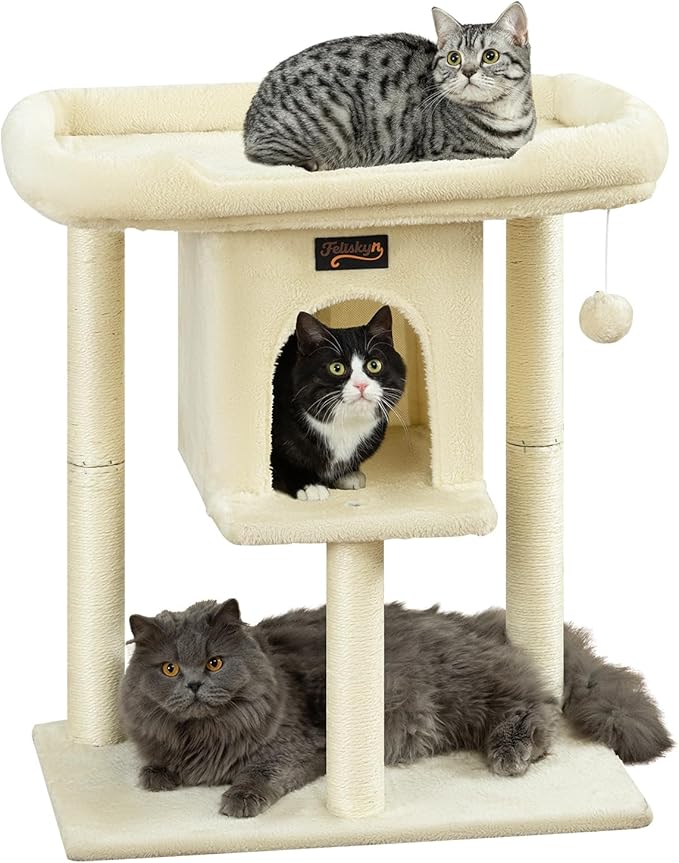 Cat Tree Tower Scratching Post for Indoor Large Cats, Small Cat Tree with Big Perch Bed, 28in Tall Trees House with Condo Cave, Toy Balls, Modern Climbing Furniture Platform for Kitten (Beige)