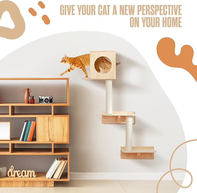 Houseables Wall Mounted Cat Tree, Cat Wall Climber, Kitty Climbing Shelves, Kitty Furniture Shelves, Floating House, Stairs, Mount, Climber, Condo, Playground, Obstacle Course, Indoor Gym, 51 x 35 in
